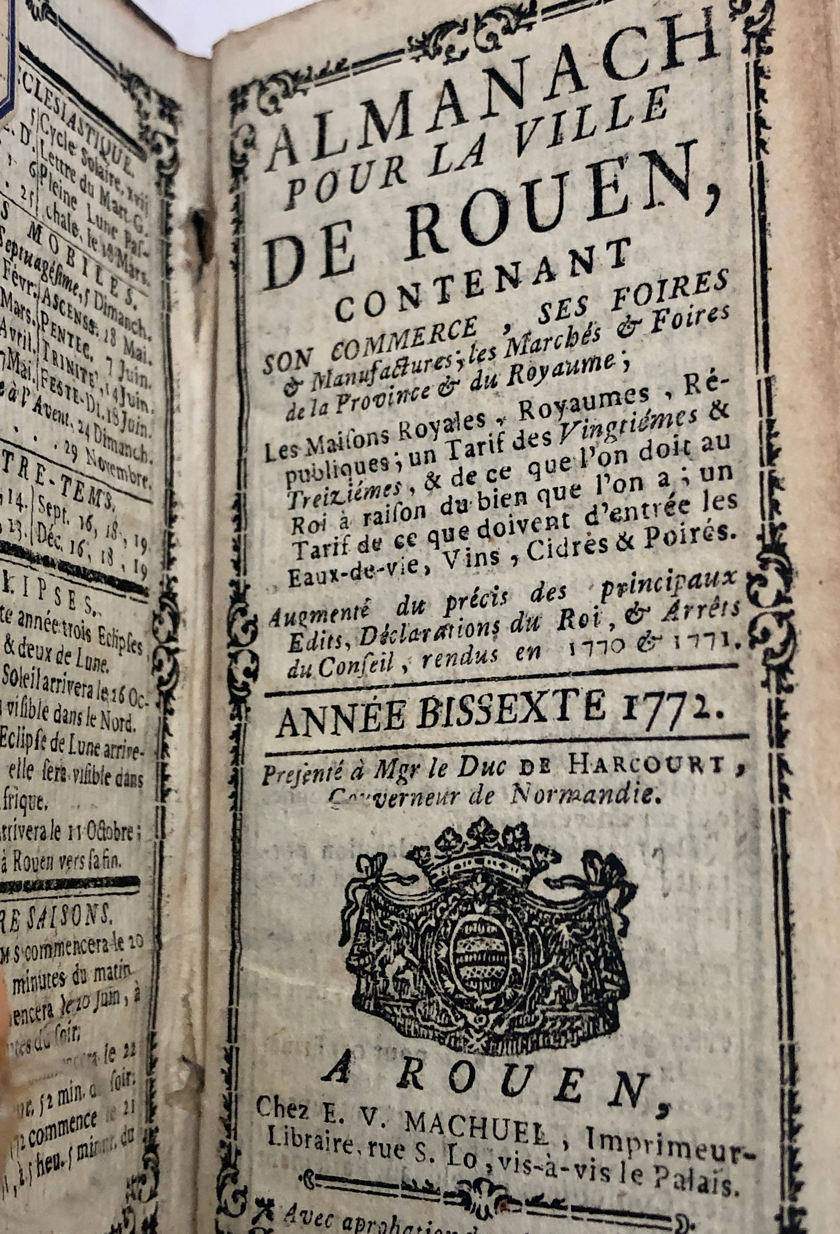 Almanach pour la ville de Rouen, contenant son commerce, ses foires & manufactures;
